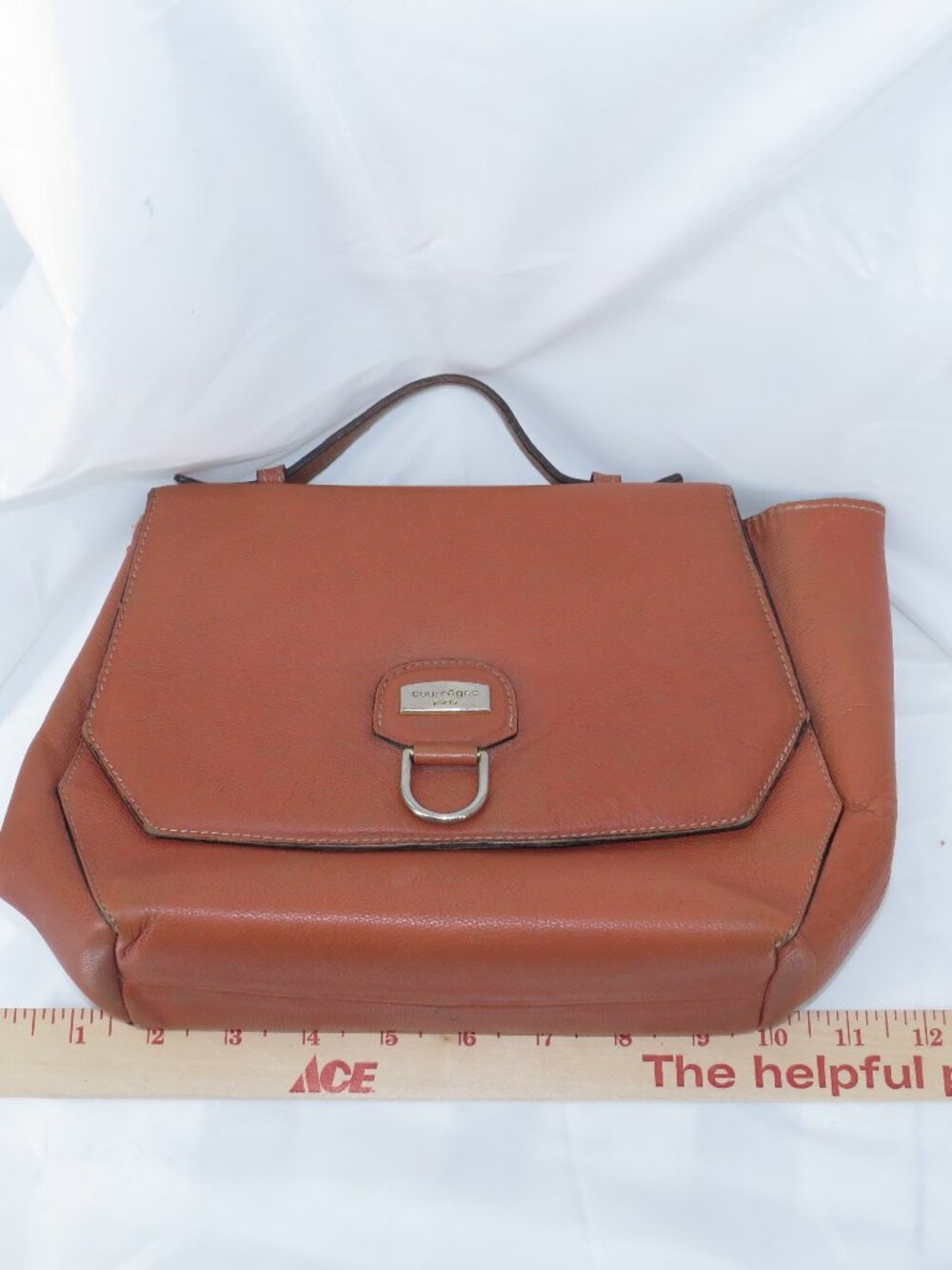 COURREGES Paris Leather Top Handle Flap Handbag Cognac Brown Medium